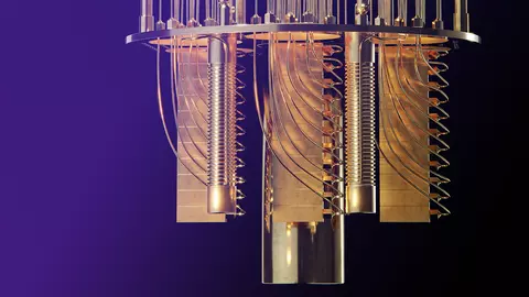 Close up of a quantum computer with a black and purple ombre background.