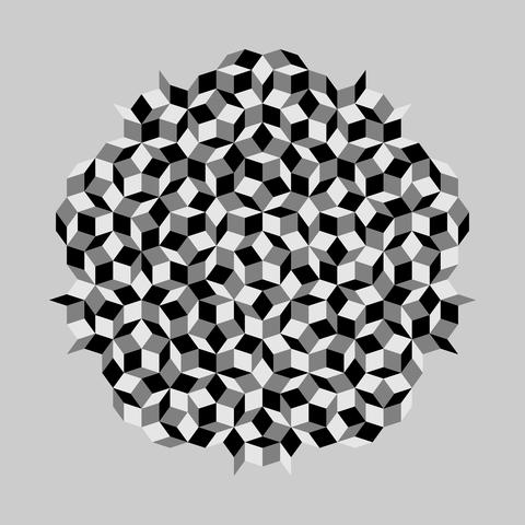 A black-and-white circular pattern of parallelograms that abut one another like floor tiles.