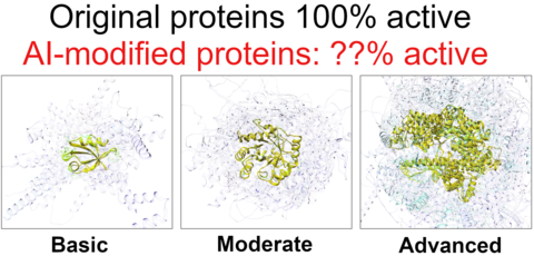 Original proteins have 100% of native activity, but it is unknown what activity will be exhibited by AI-generated protein sequences with varying similarity constraints to the original proteins.  In our work, we have tested the activity of synthetic homologs generated, shown in gray, against what we consider basic, moderate, and advanced AI-design challenges starting with known original protein sequences and structures, in yellow.