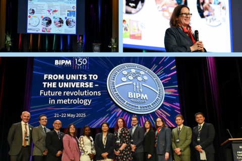 Three photo collage includes a wide shot of the NIST poster, Benham holding a microphone, and other session speakers and hosts.