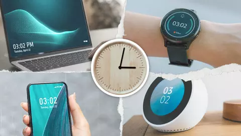 Illustration shows analog clock in center with laptop, smartwatch, digital clock and phone all showing the same time.