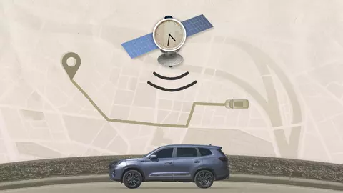 Illustration shows analog clock on a satellite hovering over a driving map and photo of SUV.