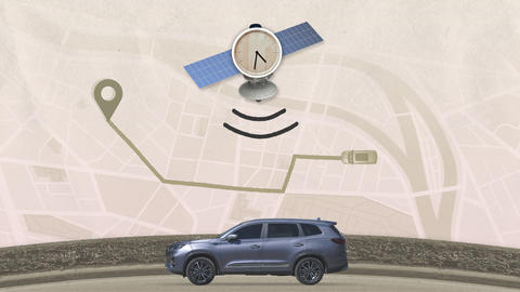 Illustration shows analog clock on a satellite hovering over a driving map and photo of SUV.