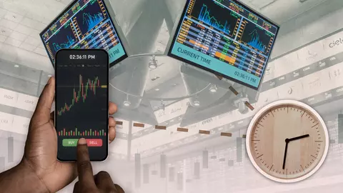 Illustration shows analog clock with images from a trading floor and a hand holding a smartphone showing stock values with buy/sell buttons.