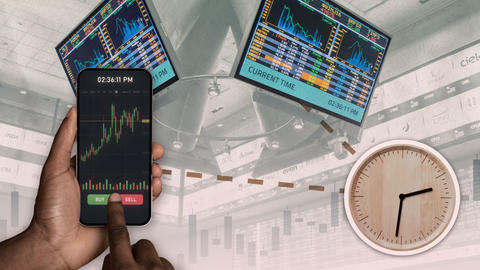 Illustration shows analog clock with images from a trading floor and a hand holding a smartphone showing stock values with buy/sell buttons.