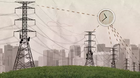 Illustration shows analog clock with dotted lines connecting it to large pylons carrying power lines with a city skyline in the background.