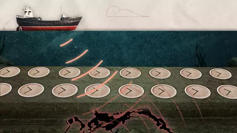 Illustration shows a ship sending some kind of sensing tech underwater, through a layer of clocks, and into a lower layer with mineral deposits.