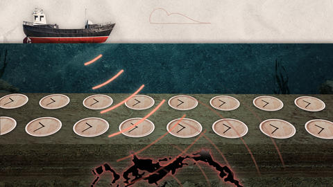 Illustration shows a ship sending some kind of sensing tech underwater, through a layer of clocks, and into a lower layer with mineral deposits.