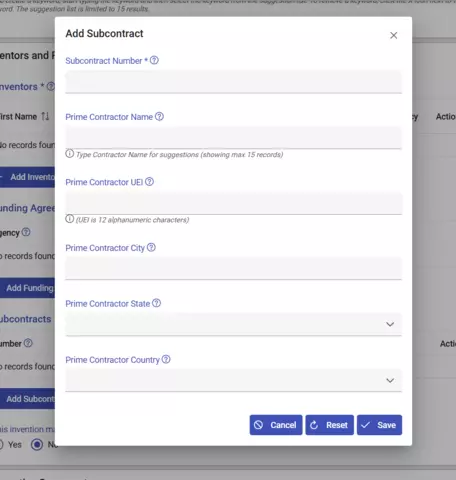 Screen Shot of Add Subcontract on Invention Report