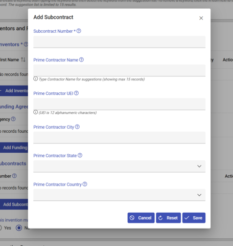 Screen Shot of Add Subcontract on Invention Report