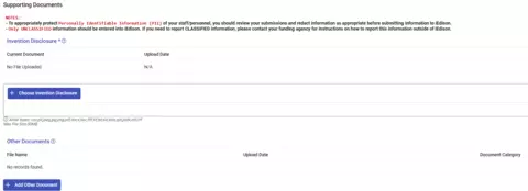 Screen Shot of Supporting Documents Panel in Invention Report