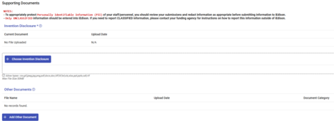 Screen Shot of Supporting Documents Panel in Invention Report