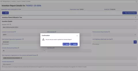 Screenshot of Confirmation Popup of Save of Modified Invention Report