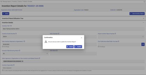 Screenshot of Confirmation Popup of Save of Modified Invention Report