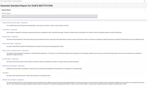 Screenshot of the list of available standard reports