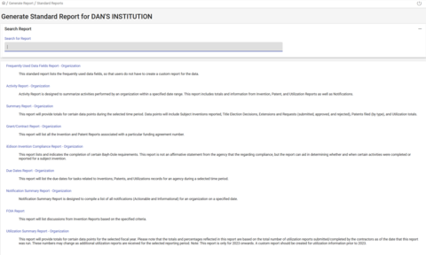 Screenshot of the list of available standard reports