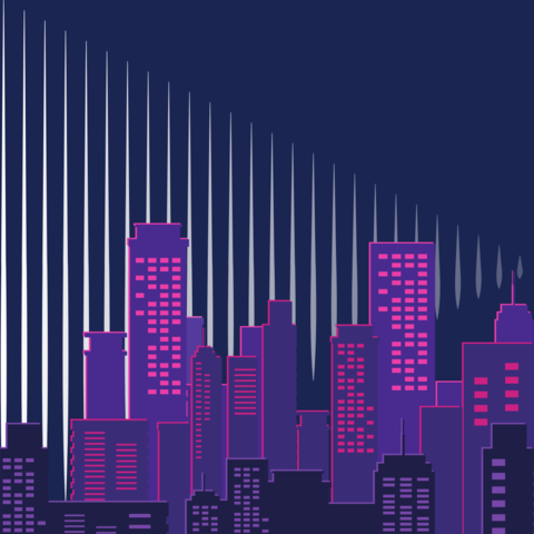 An illustrated purple city on a dark blue background