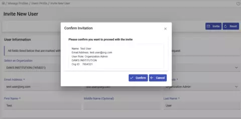 Screenshot of Confirmation of Invite New User