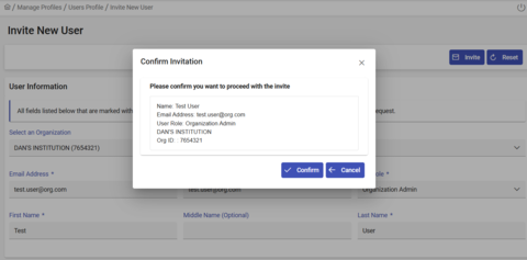 Screenshot of Confirmation of Invite New User