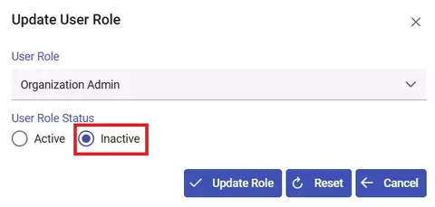 Screenshot of update user role status to inactive