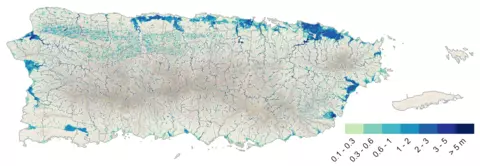 Map of Puerto Rico shows denser colors near the edges and has key marked in meters.
