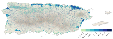 Map of Puerto Rico shows denser colors near the edges and has key marked in meters.