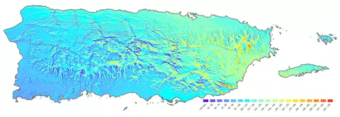 Map of Puerto Rico shows topography and has wind speed key