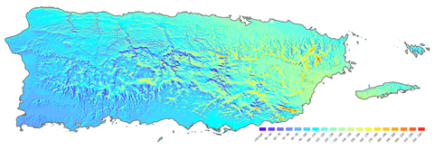 Map of Puerto Rico shows topography and has wind speed key
