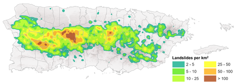 Map of Puerto Rico has colored sections near the center with key: Landslides per km2