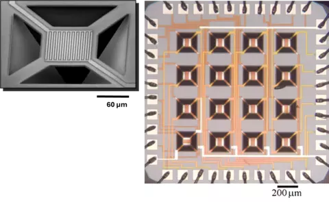 Single micromachined microhotplate platform and a 16-element microhotplate sensor array.