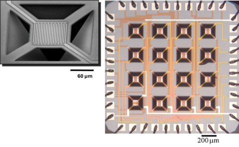 Single micromachined microhotplate platform and a 16-element microhotplate sensor array.