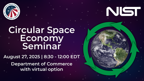 Circular Space Economy Seminar Flyer shows text with event logistics info and an image of the earth with circular arrows surrounding it.
