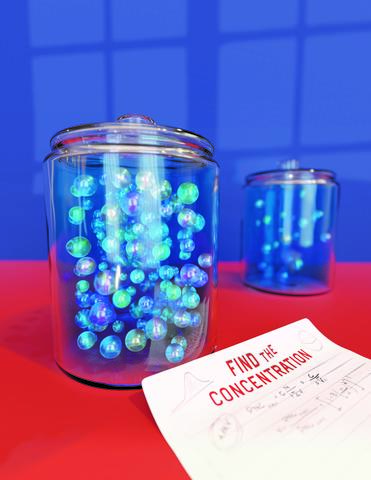 Illustration shows two clear jars full of marbles on a red table with a piece of paper that says 