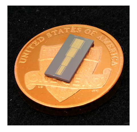 A rectangular chip is smaller than the penny it lies on. 