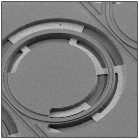 Scanning electron microscopy image showing electrodes placed underneath an air clad microresonator.