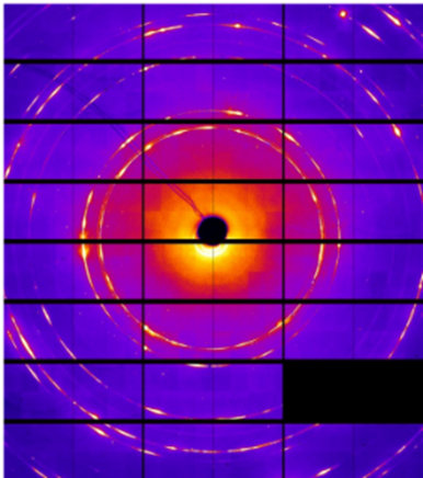Pattern of diffracted X-rays that can be used to identify the atomic structures within a metal specimen.