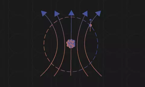 Arrows pointing upward bend toward a clump of spheres in the center of the illustration. 