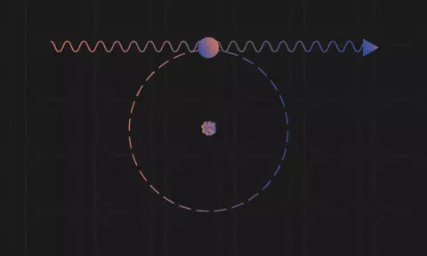 A squiggly line with an arrow appears above a cluster of spheres inside a circle. 