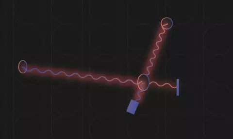 Two squiggly, glowing lines cross over one another at an oval.