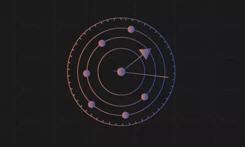 Diagram of an atom with circles inside circles also has the hour and minute hands of a clock. 