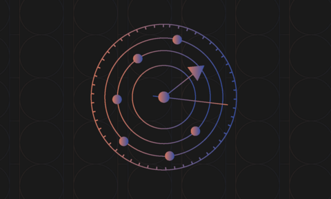 Diagram of an atom with circles inside circles also has the hour and minute hands of a clock. 