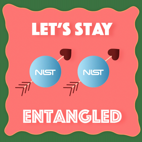 Two atoms with NIST logo in the center and arrows through them. TEXT: Let's stay entangled.