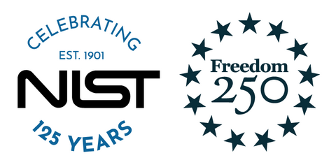 Left: NIST 125 logo with words Celebrating 125 years and EST. 1901. Right: Freedom 250 logo