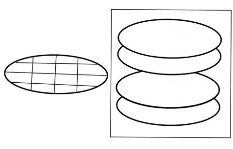 Set of five Si wafers, stacked vertically with the center wafer pull out to the left of the stack.  This wafer has vertical and horizontal lines showing a dicing pattern, and illustrating that this wafer is to be diced for distribution as pieces instead of a whole wafer.
