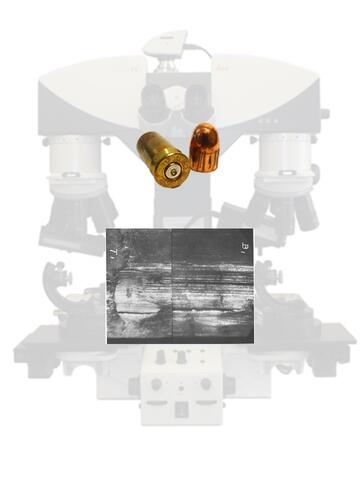 Image of comparison microscope, bullet and cartridge case, and a comparison of two bullets. 