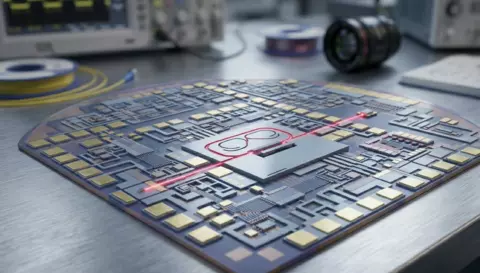 A hypothetical concept rendering of the self-calibrating optomechanical photonic thermometer chip resting on a laboratory workbench.