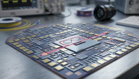 A hypothetical concept rendering of the self-calibrating optomechanical photonic thermometer chip resting on a laboratory workbench.
