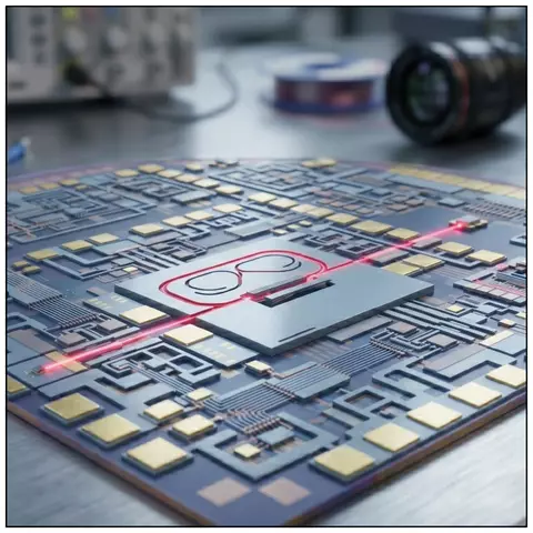 A hypothetical concept rendering of the self-calibrating optomechanical photonic thermometer chip resting on a laboratory workbench.