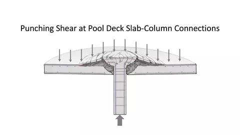 Diagram shows a column pushing up through a cracking concrete slab; label says Punching Shear at Pool Deck Slab-Column Connections.