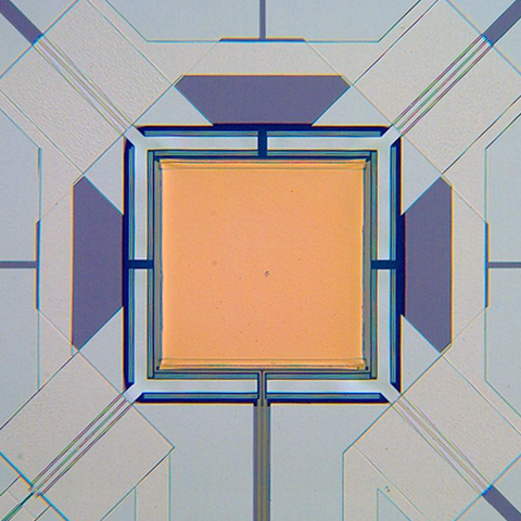 Micrograph of yellow square with lines attached to each corner.